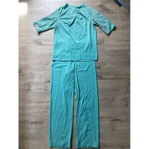 Vintage Vanity Fair Turquoise Blue Nylon Tricot Pajama Set Lace Sleeve 32 USA